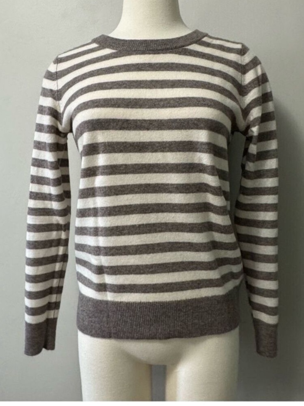 C&C California Cashmere Sweater Taupe and Cream Striped Crew Neck  small